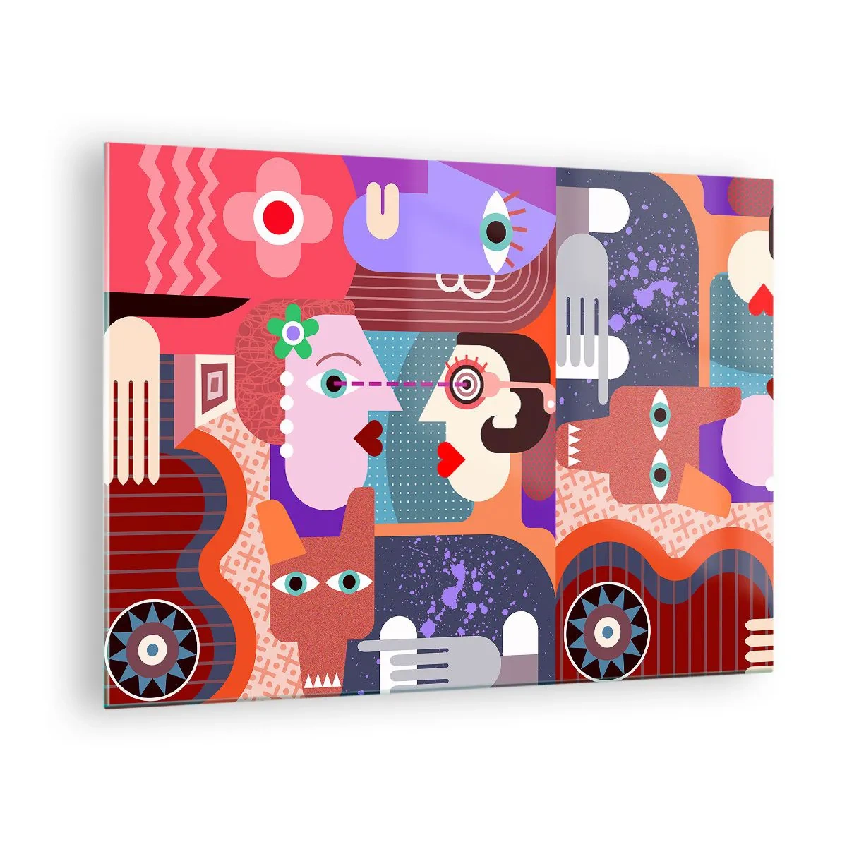 Üveg kép - Arcok és formák absztrakt kompozíciója intenzív színekben. - 70x50cm - Szemtől szembe - Modern fali dekoráció nappalihoz és hálószobához ARTTOR
