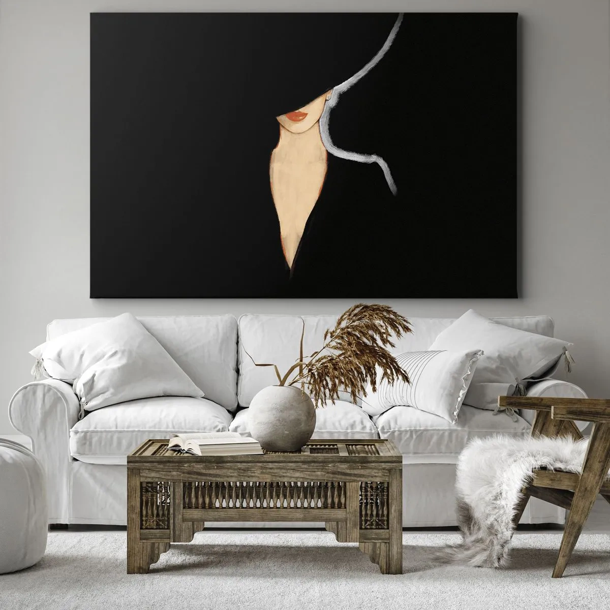 Vászonkép - Sziluettje egy nőnek kalapban, fekete háttéren - 70x50cm - Elegancia és stílus - Modern fali dekoráció nappalihoz és hálószobához ARTTOR