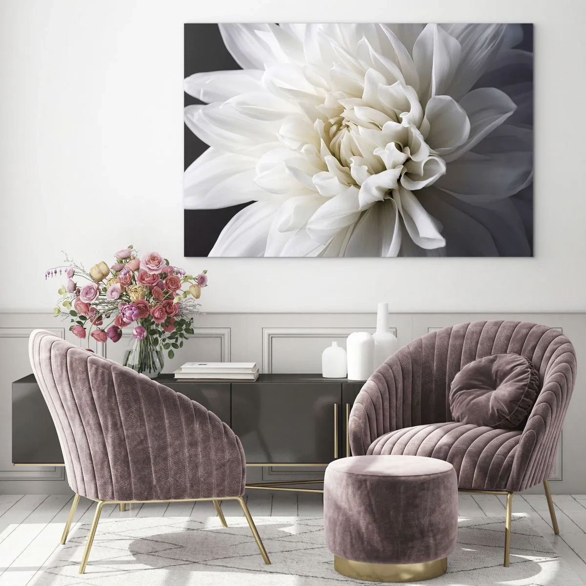 Üveg kép - Egy fehér dália közeli képe fekete és szürke háttéren - 70x50cm - Menyasszony reggele - Modern fali dekoráció nappalihoz és hálószobához ARTTOR