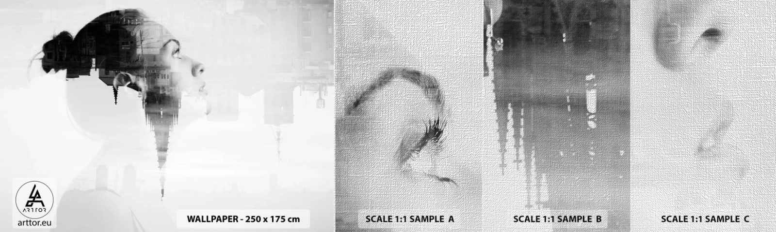 Fotótapéta Minta Premium Canvas - Az üveg mind a két oldalán - Absztrakció, Női Arc, Építészet - 100x30 cm