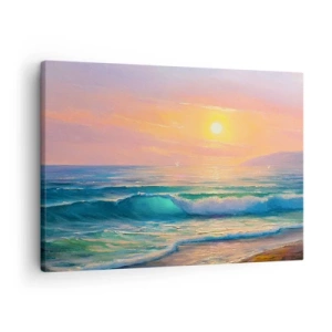 Vászonkép - Tengeri táj naplementével - 70x50cm - A hullámok türkizkék dala - Modern fali dekoráció nappalihoz és hálószobához ARTTOR