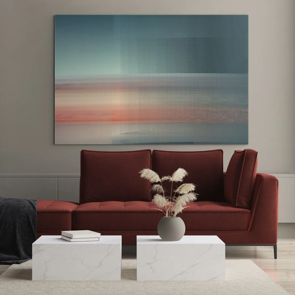 Üveg kép - Pasztell absztrakció, amely a naplemente fényhullámaira emlékeztet. - 70x50cm - Absztrakt: fényhullámok - Modern fali dekoráció nappalihoz és hálószobához ARTTOR
