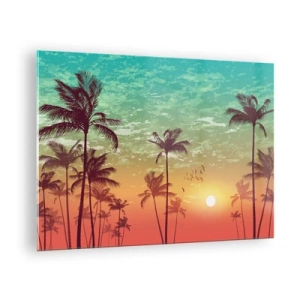 Üveg kép - Pálmafák illusztrációja naplementekor - 70x50cm - Trópusi hangulat - Modern fali dekoráció nappalihoz és hálószobához ARTTOR