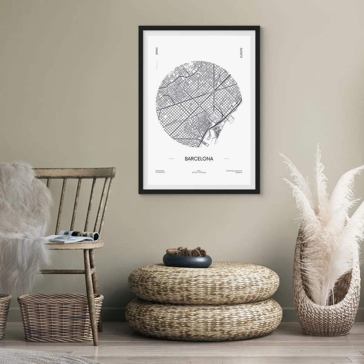 Poszter fehér keretben - Barcelona minimalista fekete-fehér térképe. - 50x70cm - Barcelona anatómiája - Modern fali dekoráció nappalihoz és hálószobához ARTTOR