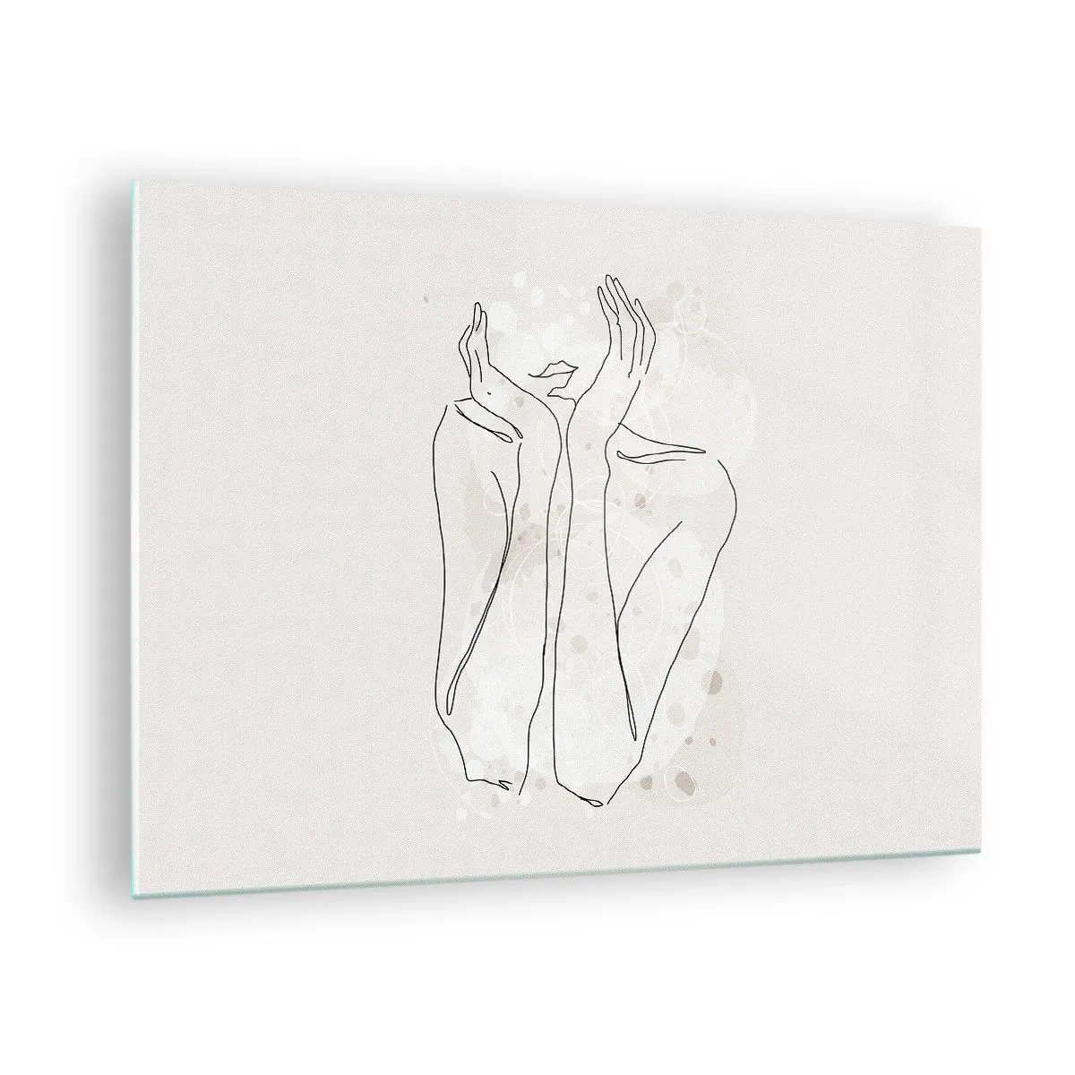 Üveg kép - Egy minimalista vázlat egy női kezekről és ajkakról bézs háttér előtt. - 70x50cm - Várva-várt pillanat - Modern fali dekoráció nappalihoz és hálószobához ARTTOR