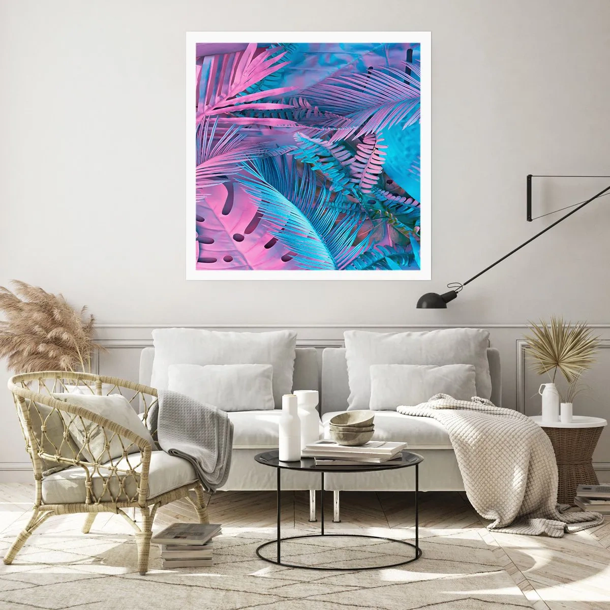 Poszter - Trópusok rózsaszínben és kékben - 60x60 cm