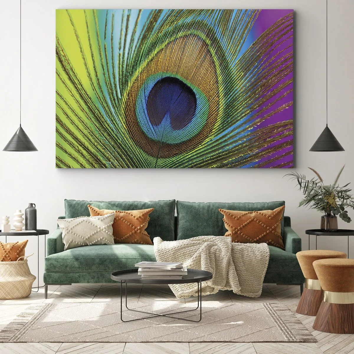 Vászonkép - Élénk színű pávatoll közeli képe - 70x50cm - Szemtől szemben - Modern fali dekoráció nappalihoz és hálószobához ARTTOR