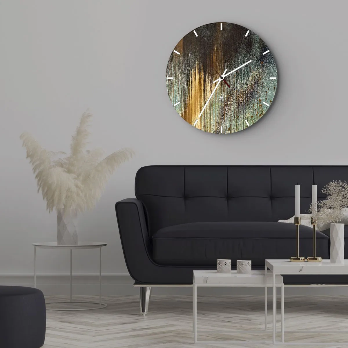 Falióra, Óra - Absztrakt festékcsíkok aranyban, kékben és feketében - 30x30cm - Egy nem véletlen színes kompozíció - Modern fali dekoráció nappalihoz, konyhához és hálószobához ARTTOR