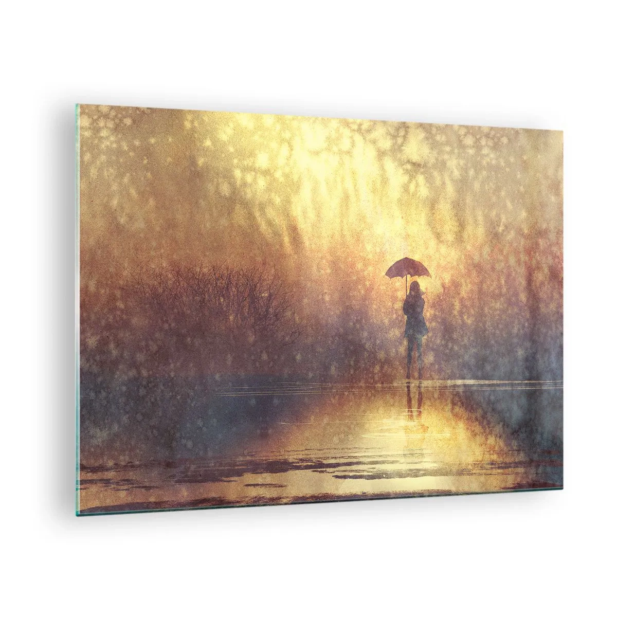Üveg kép - Egy alak esernyővel a lenyugvó nap és az eső fényében - 70x50cm - Érzem, hogy valaki engem néz - Modern fali dekoráció nappalihoz és hálószobához ARTTOR
