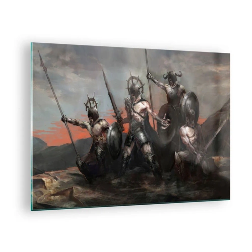Üveg kép - Harcosok lándzsákkal és pajzsokkal a vörös égen - 70x50cm - Pajzzsal, vagy a pajzson - Modern fali dekoráció nappalihoz és hálószobához ARTTOR