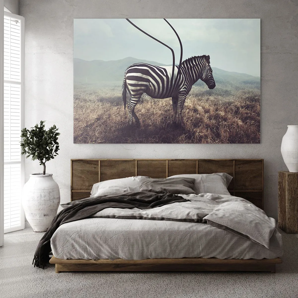 Üveg kép - Zebra a füves háttéren szürreális antenna részletekkel - 70x50cm - Figyelem! Hiba - Modern fali dekoráció nappalihoz és hálószobához ARTTOR