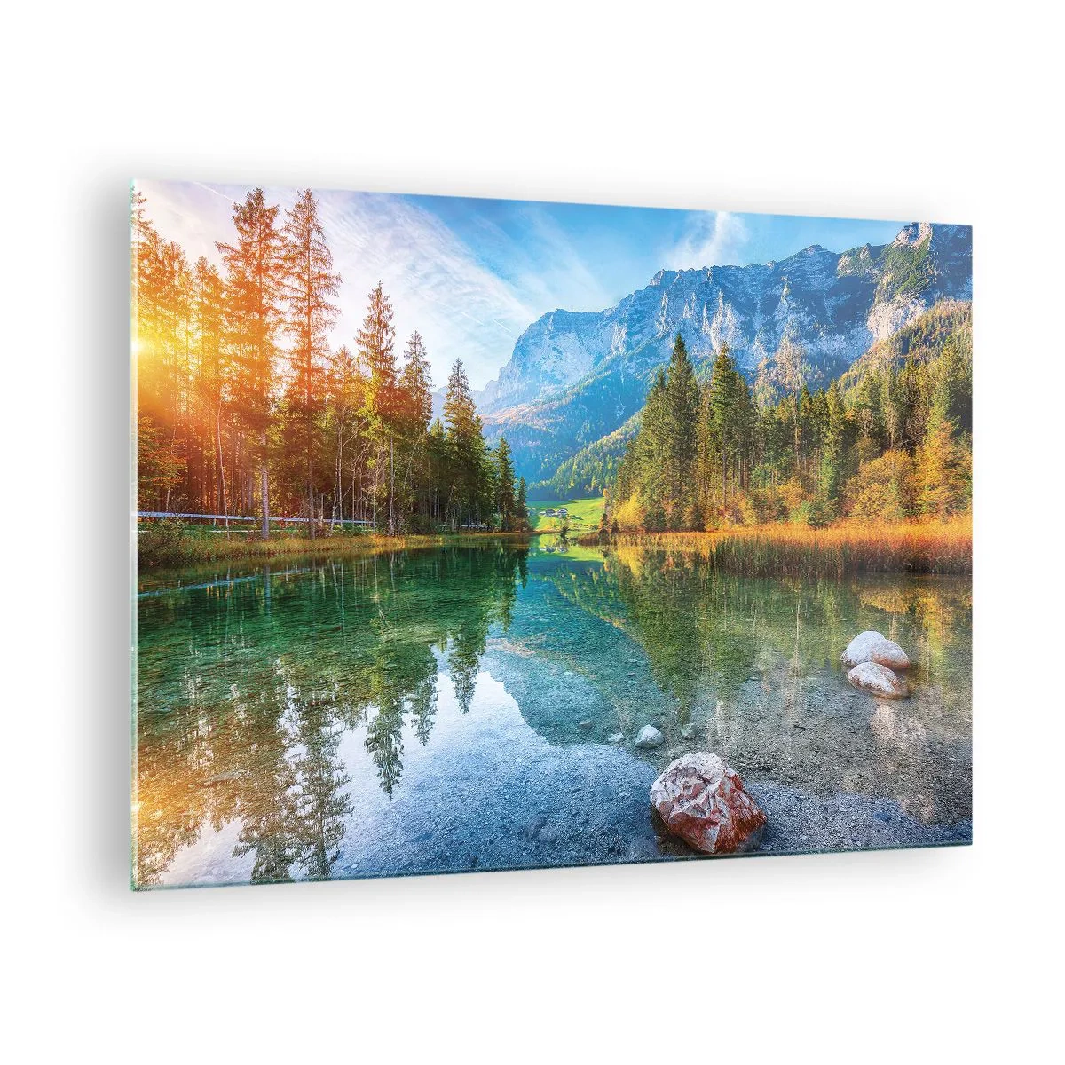 Üveg kép - Egy hegyi tó, erdővel és fenséges csúcsokkal körülvéve - 70x50cm - Az ősz enyhesége - Modern fali dekoráció nappalihoz és hálószobához ARTTOR