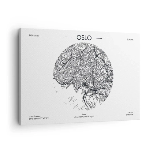 Vászonkép - Oslo térképe minimalista fekete-fehér stílusban. - 70x50cm - Oslo anatómiája - Modern fali dekoráció nappalihoz és hálószobához ARTTOR