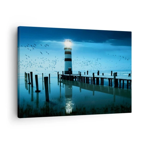 Vászonkép - A mólónál lévő világítótorony éjszaka kivilágítva - 70x50cm - És nem félsz a sötéttől - Modern fali dekoráció nappalihoz és hálószobához ARTTOR
