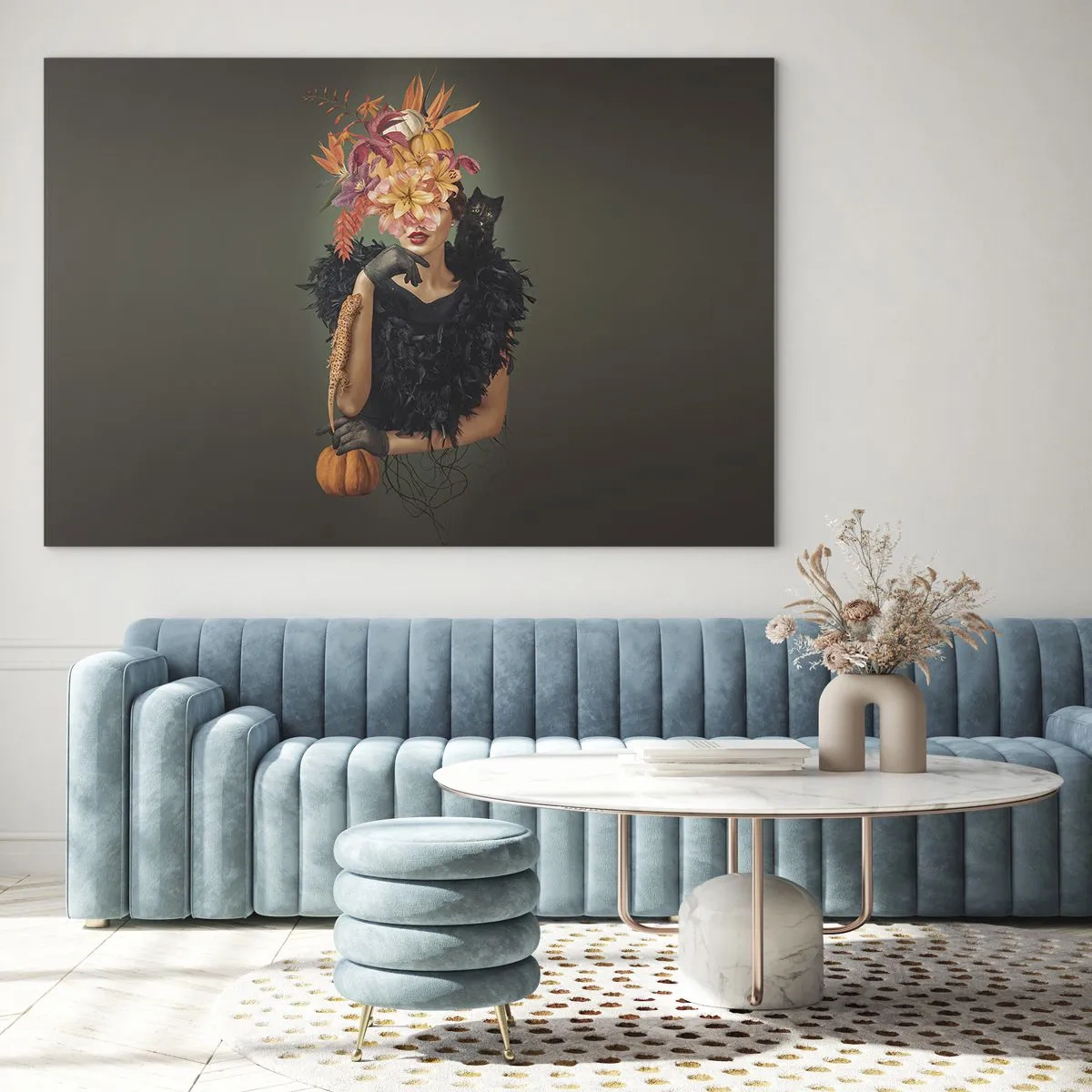 Üveg kép - Fekete ruhás nő alakja tökkel, macskával és virágkompozícióval - 70x50cm - Egy boszorkány mágiája - Modern fali dekoráció nappalihoz és hálószobához ARTTOR