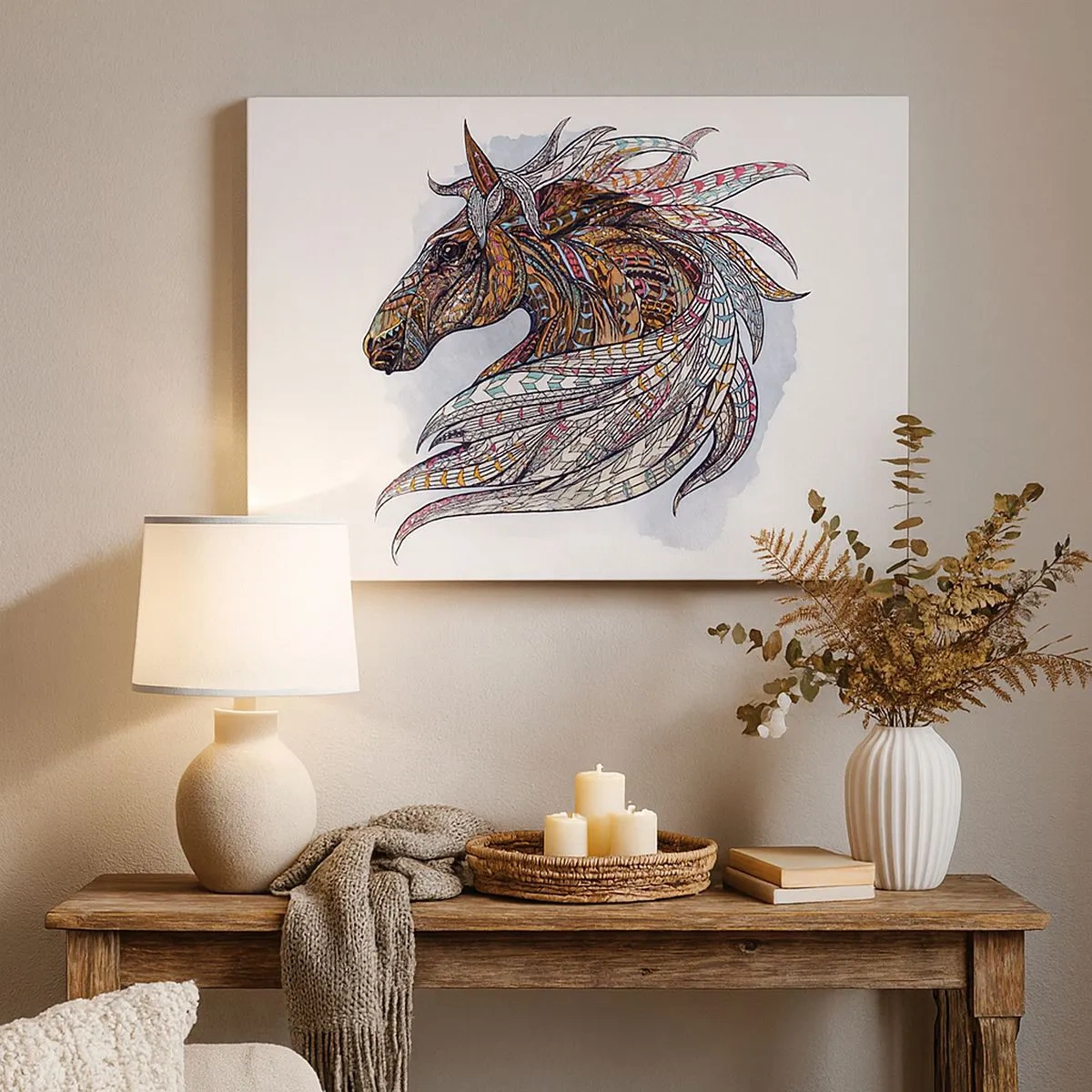 Vászonkép - Egy geometrikus mintázatú ló színes, részletes sörénnyel - 70x50cm - Kelta harcos lova - Modern fali dekoráció nappalihoz és hálószobához ARTTOR