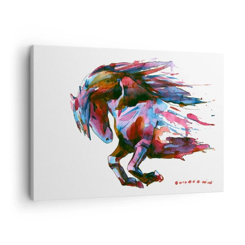 Vászonkép - Egy dinamikus, absztrakt színekben pompázó ló, amely a szabadságot szimbolizálja - 70x50cm - Az elragadtatásban - Modern fali dekoráció nappalihoz és hálószobához ARTTOR