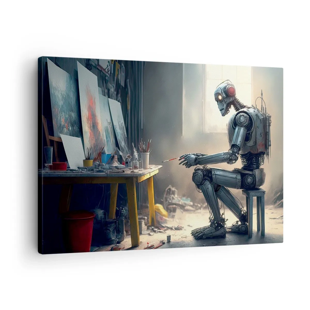 Vászonkép - Egy robot fest egy képet egy művészeti stúdióban - 70x50cm - Az alkotás aktusa - Modern fali dekoráció nappalihoz és hálószobához ARTTOR