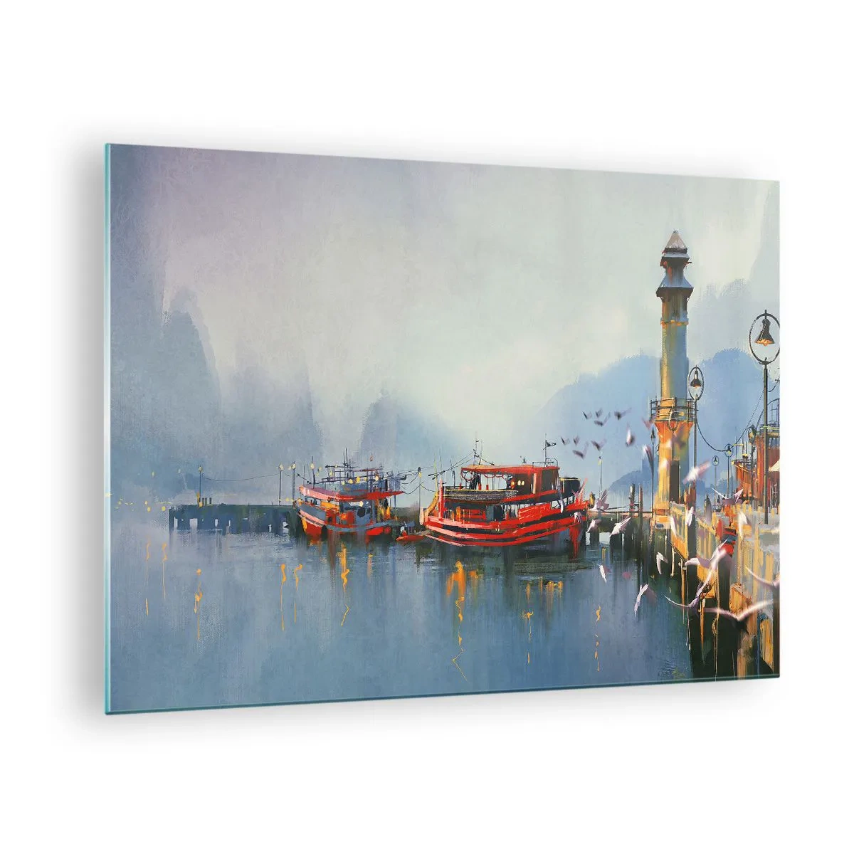 Üveg kép - Egy kikötő piros hajókkal, világítótoronnyal és madarakkal a hegyek hátterében - 70x50cm - A világ végén - Modern fali dekoráció nappalihoz és hálószobához ARTTOR