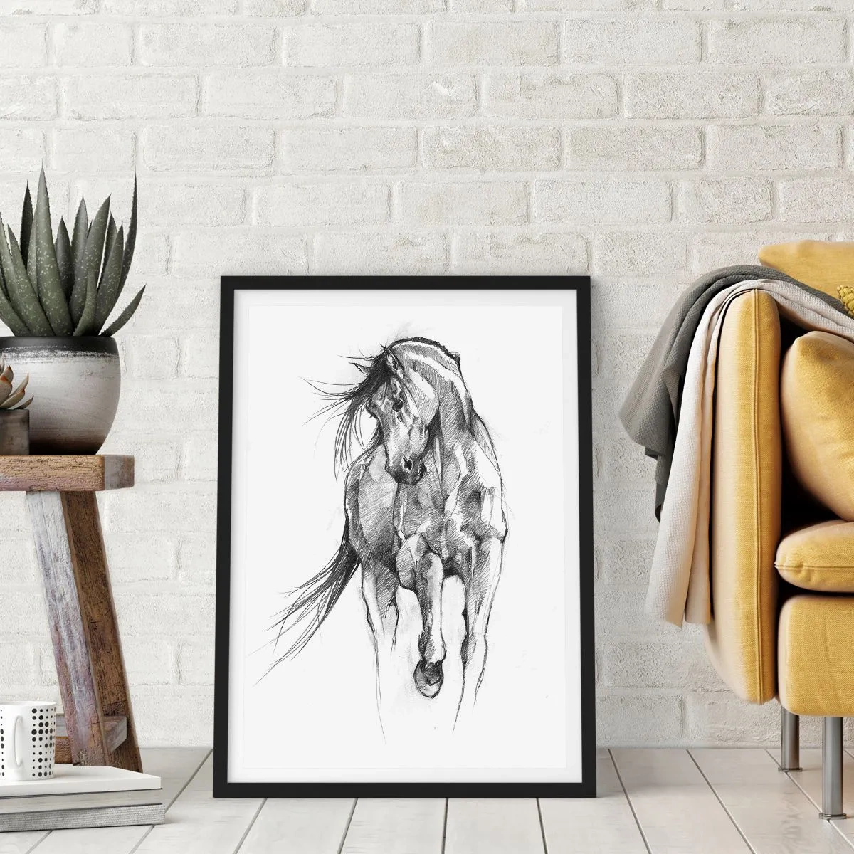 Poszter fehér keretben - Vázlat egy lóról dinamikus pózban - 50x70cm - Kecses ügetésben - Modern fali dekoráció nappalihoz és hálószobához ARTTOR