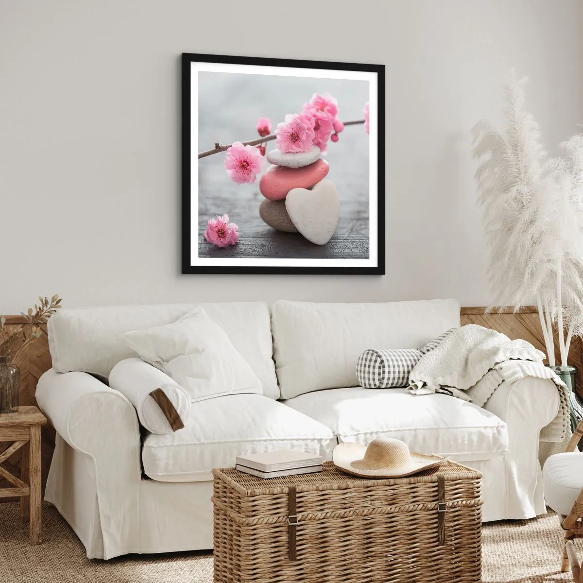 Poszter fehér keretben - Boldogság a cseresznyevirággal - 60x60 cm