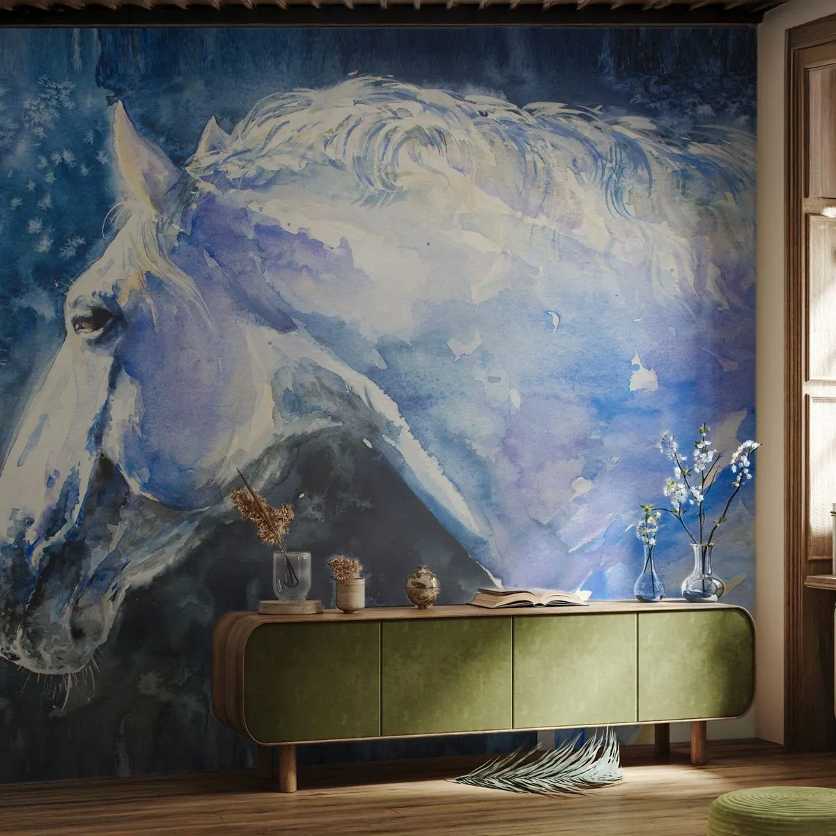 Fotótapéta Standard Eco - Portré kék fényben - Ló, Festmény, Állatok - 400x280 cm