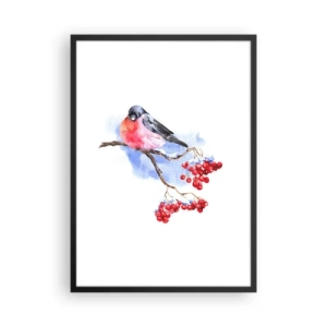 Poszter fehér keretben - Egy madár egy ágon piros gyümölccsel - 50x70cm - Téli színben - Modern fali dekoráció nappalihoz és hálószobához ARTTOR