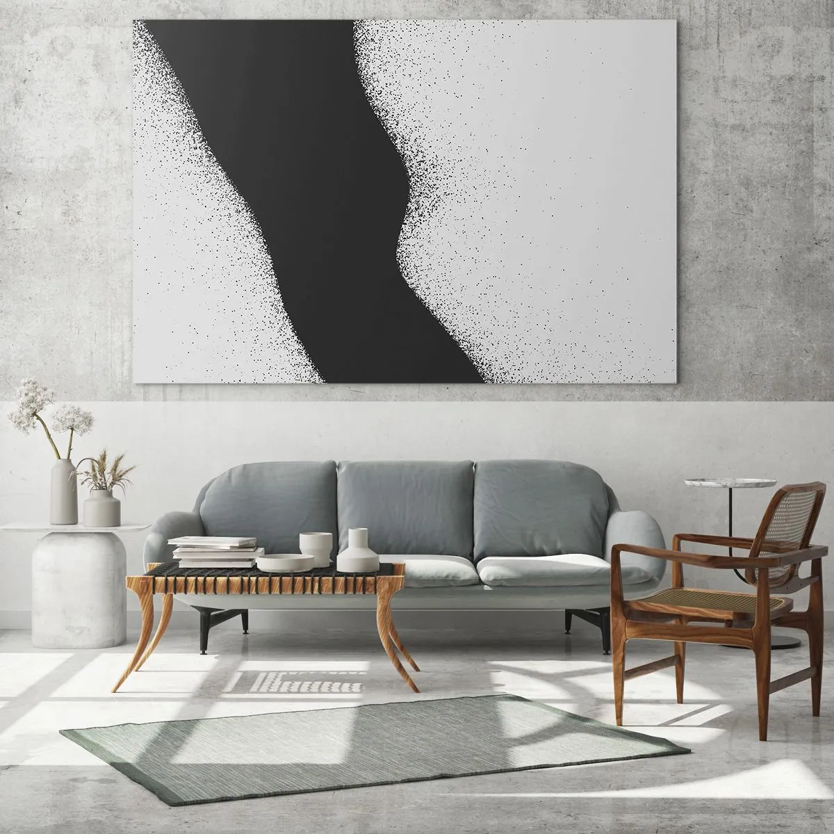 Üveg kép - Minimalista fekete-fehér absztrakció pontátmenettel - 70x50cm - Folyékony egyensúly - Modern fali dekoráció nappalihoz és hálószobához ARTTOR