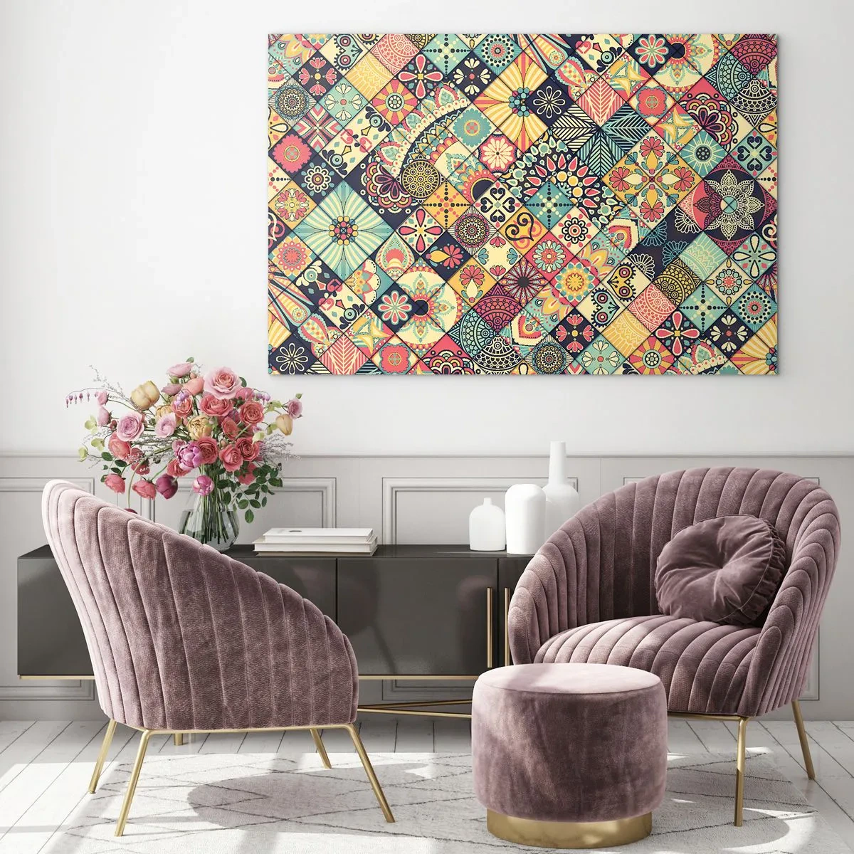 Üveg kép - Színes, marokkói csempék ihlette minta geometrikus motívumokkal - 70x50cm - Marokkói hangulat - Modern fali dekoráció nappalihoz és hálószobához ARTTOR