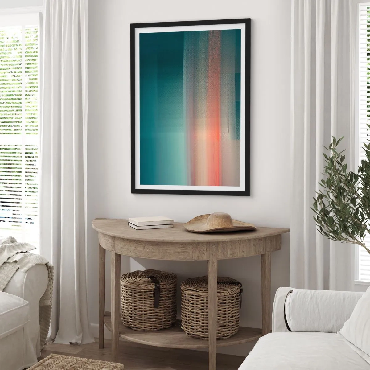 Poszter fehér keretben - Egy absztrakt fényjáték türkiz és vörös árnyalatokban. - 50x70cm - Absztrakt: fényhullámok - Modern fali dekoráció nappalihoz és hálószobához ARTTOR
