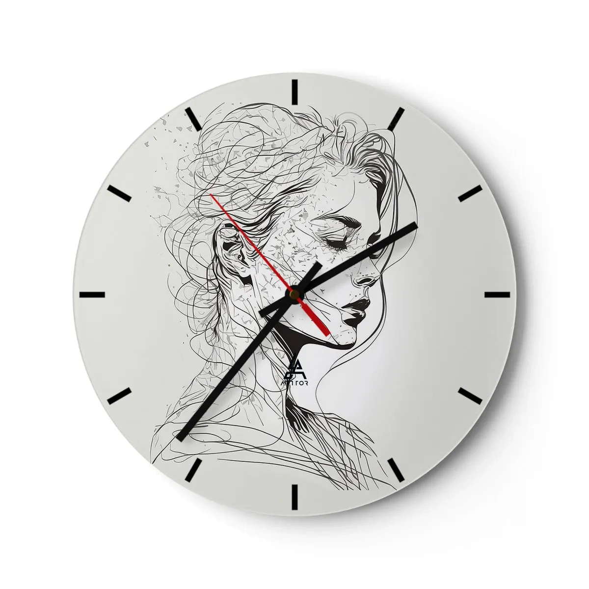 Falióra, Óra - Fekete-fehér vázlat egy gondolatban lévő nő arcáról - 30x30cm - Portré álmodozásban - Modern fali dekoráció nappalihoz, konyhához és hálószobához ARTTOR