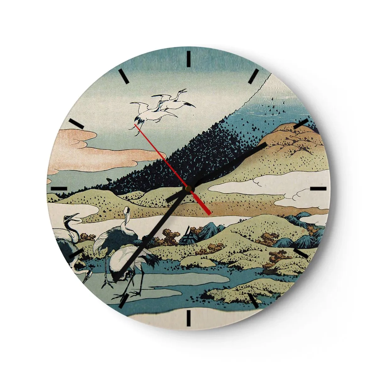 Falióra, Óra - Japán jelenet madarakkal egy hegyvidéki táj előtt - 30x30cm - Japán lélekben - Modern fali dekoráció nappalihoz, konyhához és hálószobához ARTTOR