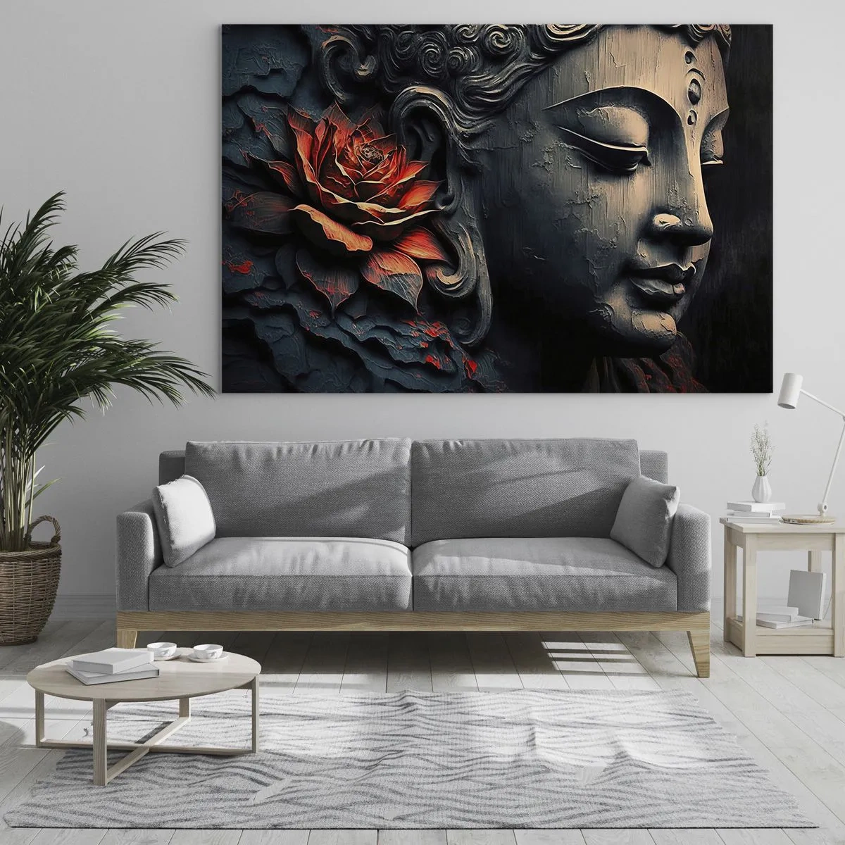 Üveg kép - Meditáló alak profilja egy piros virággal sötét háttér előtt. - 70x50cm - Összhangban a világgal - Modern fali dekoráció nappalihoz és hálószobához ARTTOR
