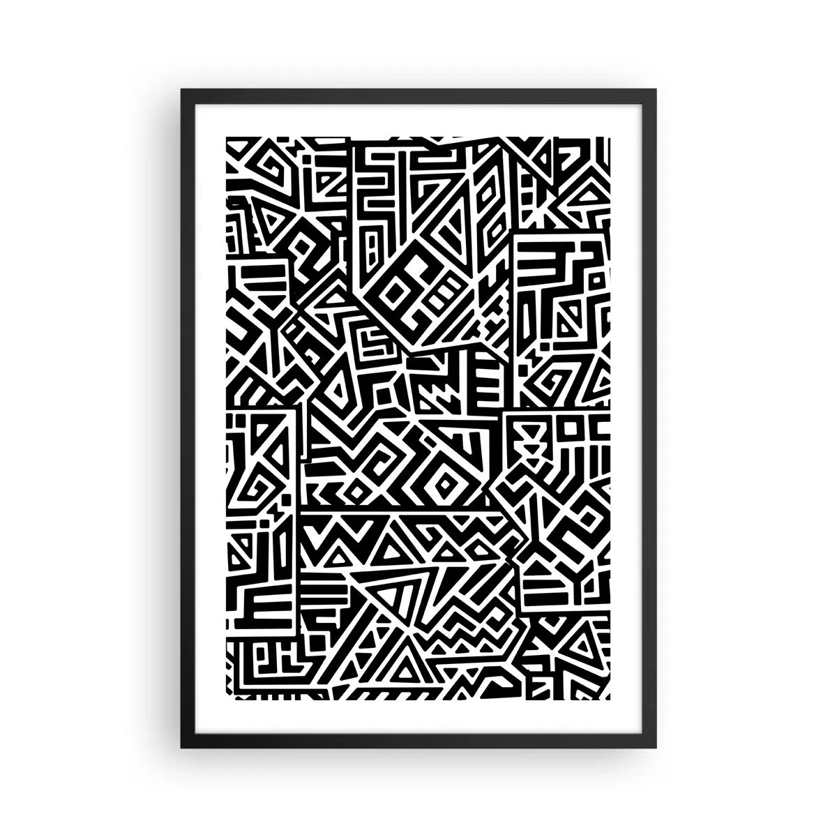 Poszter fehér keretben - Fekete-fehér geometrikus minta művészi stílusban - 50x70cm - Kolumbusz előtti kompozíció - Modern fali dekoráció nappalihoz és hálószobához ARTTOR