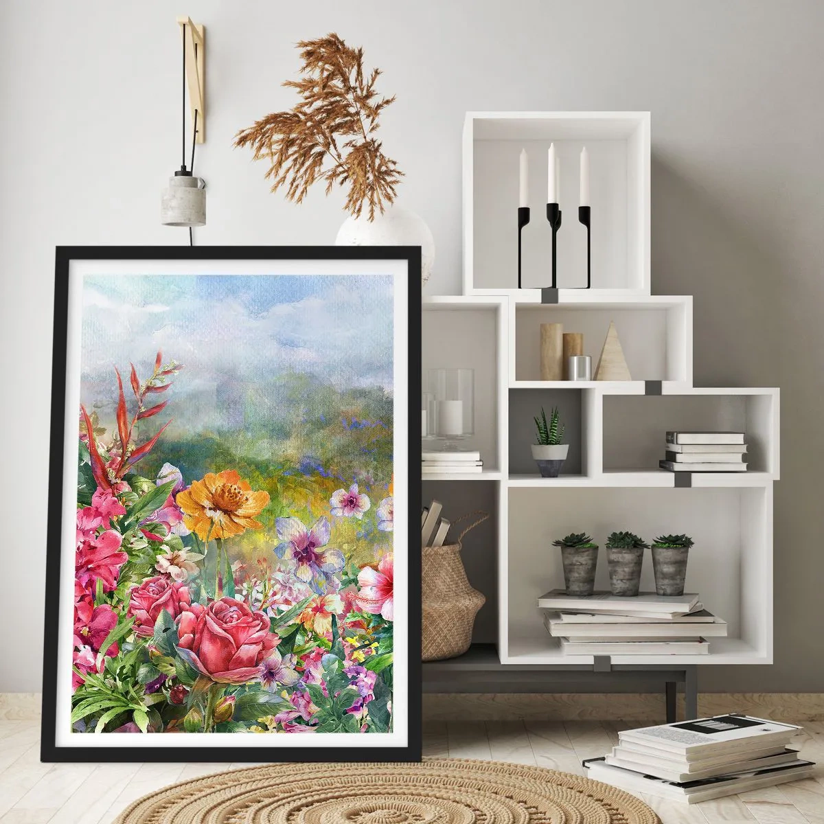Poszter fehér keretben - Egy virágmező egy napsütéses napon - 50x70cm - A kert, amelyik megőrült - Modern fali dekoráció nappalihoz és hálószobához ARTTOR