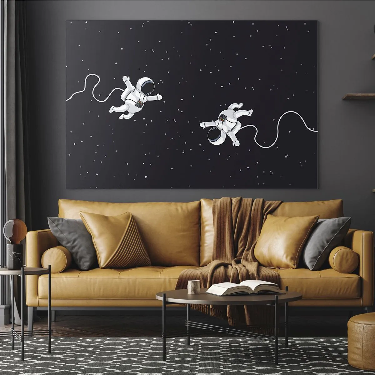 Üveg kép - Két űrhajós lebeg az űrben - 70x50cm - Kozmikus tánc - Modern fali dekoráció nappalihoz és hálószobához ARTTOR