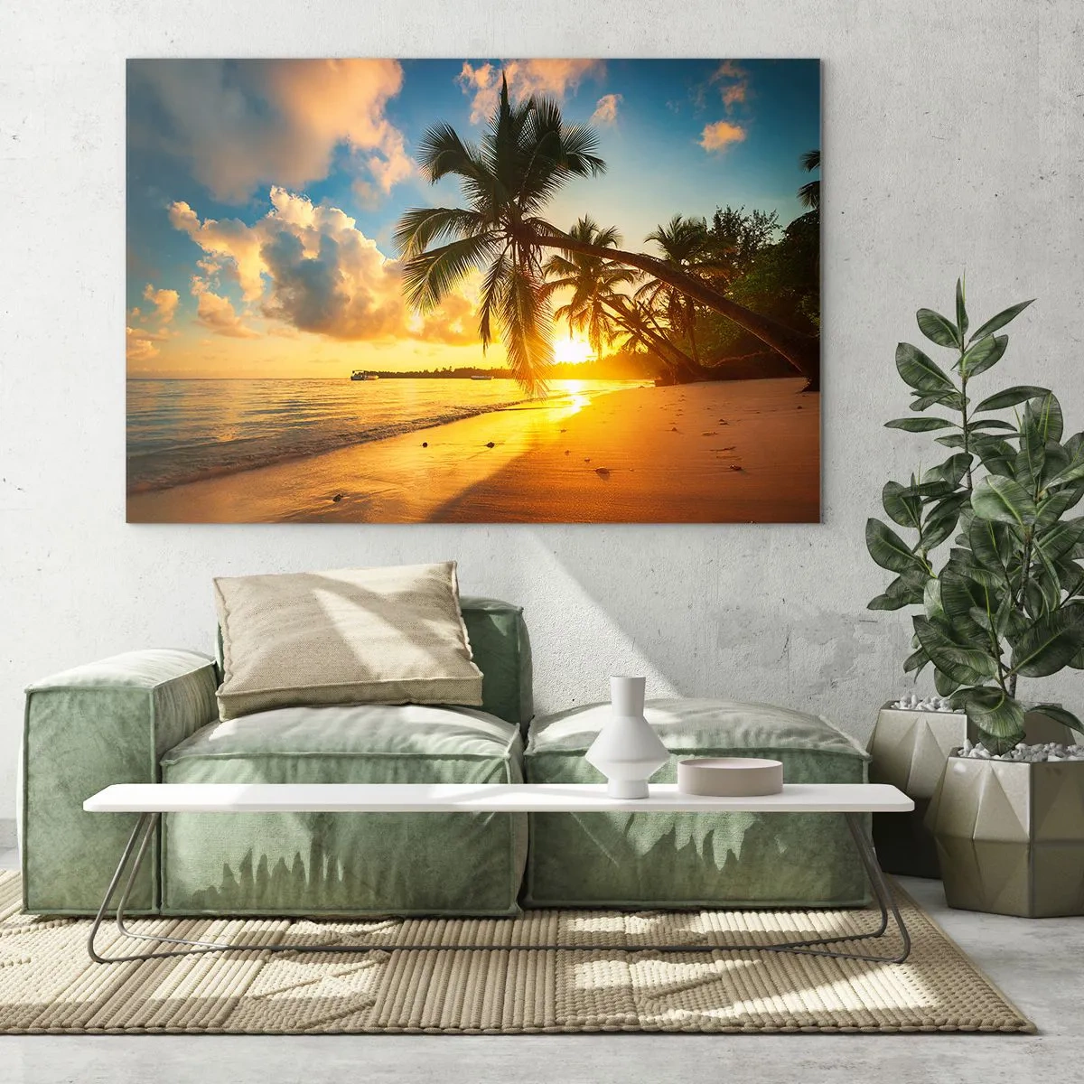 Üveg kép - Trópusi tengerpart pálmafákkal naplementekor - 70x50cm - Karibi álom - Modern fali dekoráció nappalihoz és hálószobához ARTTOR