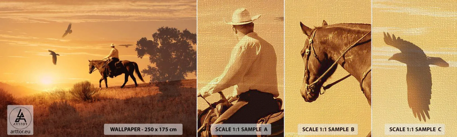 Fotótapéta Minta Premium Canvas - Egyedül a prérin keresztül - Ló, Cowboy, Tájkép - 100x30 cm