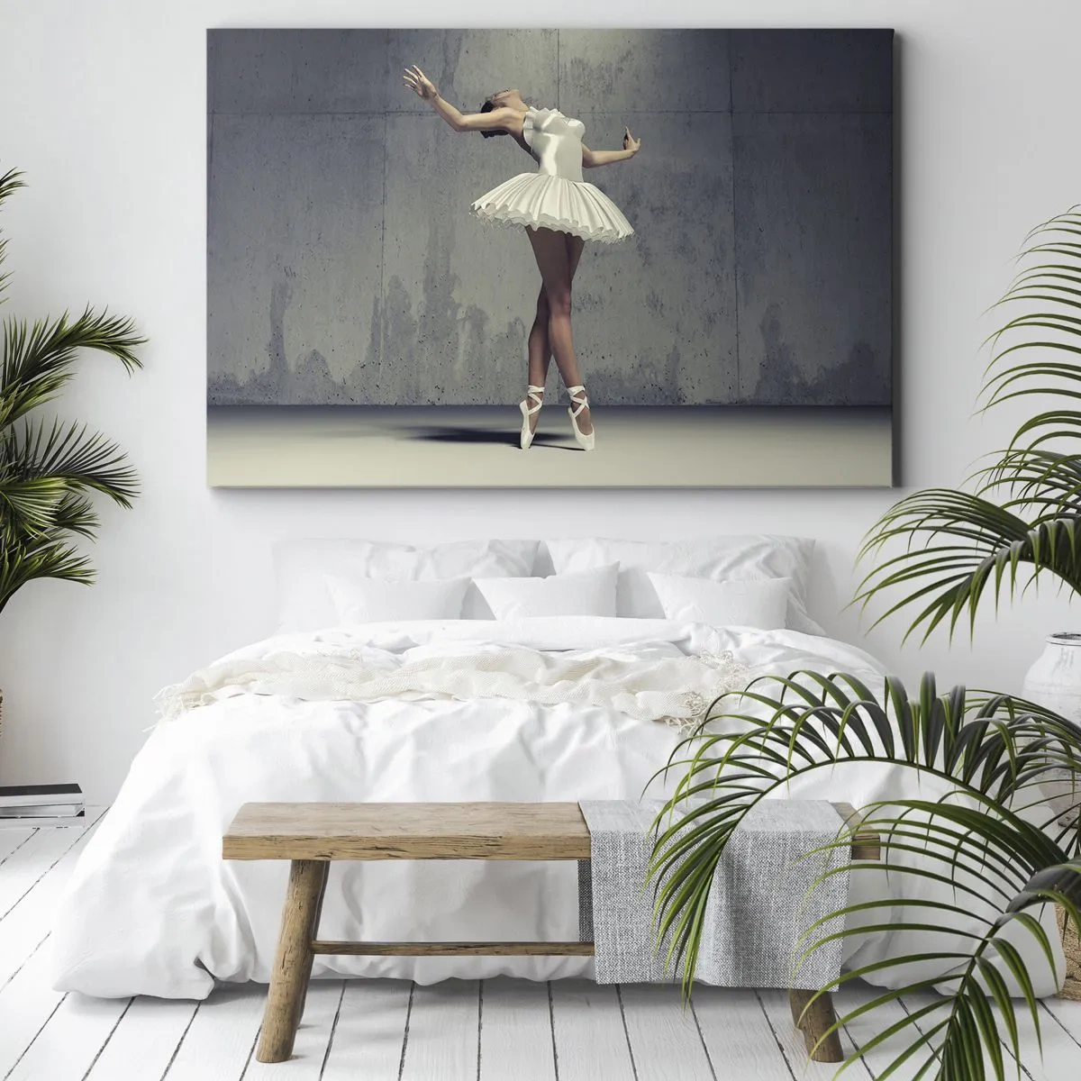 Vászonkép - Egy fehér ruhás balett-táncos egy nyers falnak támaszkodva. - 70x50cm - Könnyű, mint a madár - Modern fali dekoráció nappalihoz és hálószobához ARTTOR