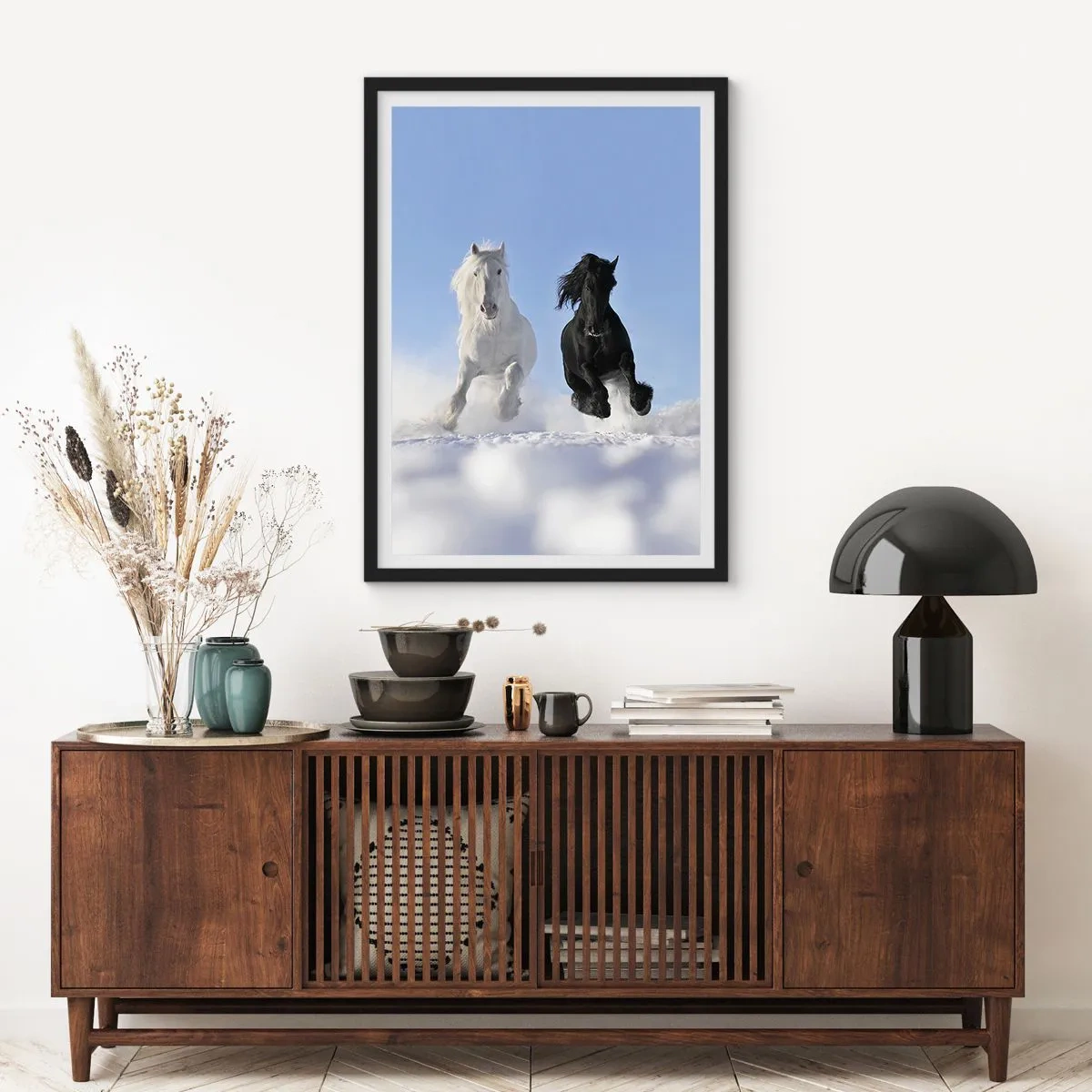 Poszter fehér keretben - Fekete-fehér galopp - 61x91 cm