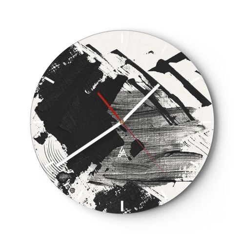 Falióra, Óra - Dinamikus fekete-fehér absztrakció széles ecsetvonásokkal - 30x30cm - Absztrakció - a fekete kifejezése - Modern fali dekoráció nappalihoz, konyhához és hálószobához ARTTOR