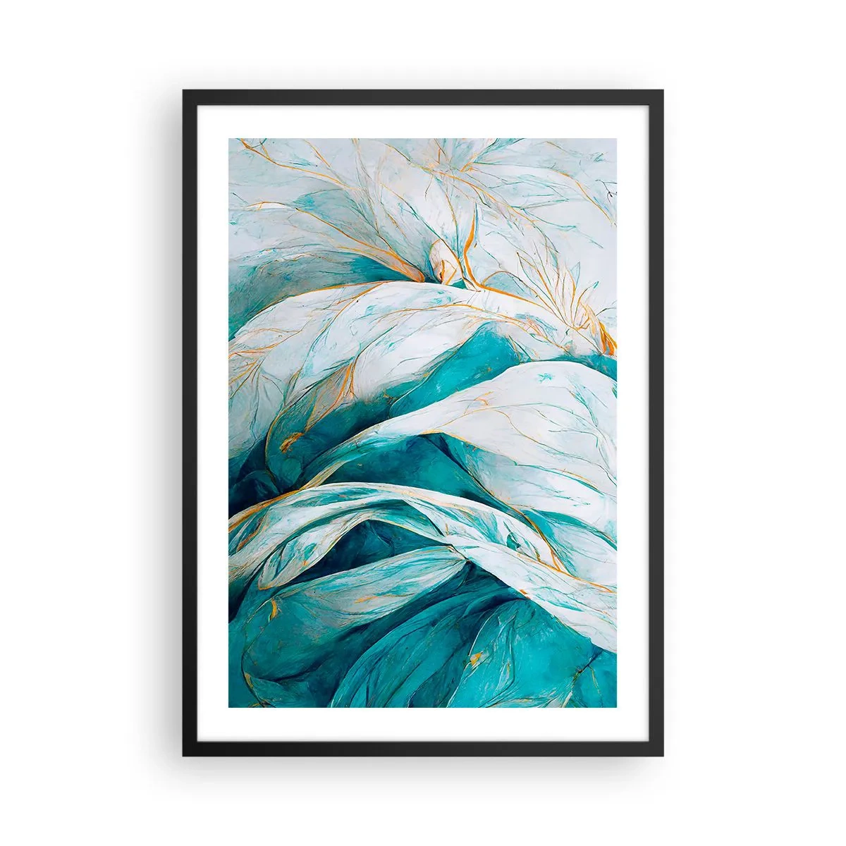 Poszter fehér keretben - Absztrakt levelek türkiz és fehér árnyalatokban, finom arannyal - 50x70cm - Kék absztrakció arany motívummal - Modern fali dekoráció nappalihoz és hálószobához ARTTOR