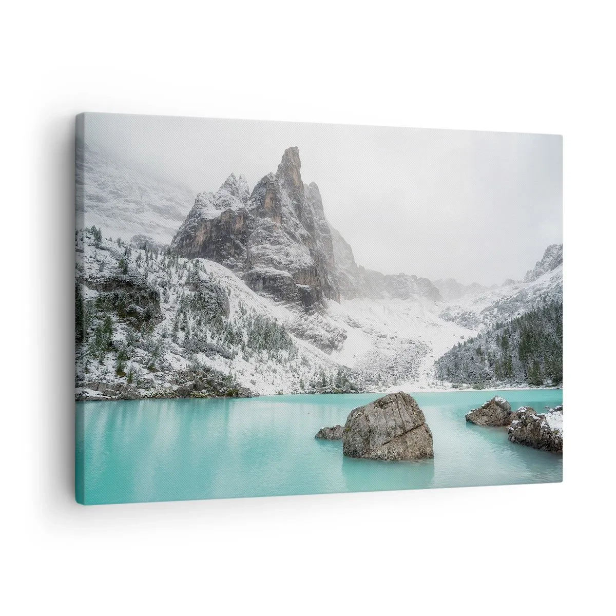 Vászonkép - Hegyi táj, havas csúcsokkal körülvett tóval - 70x50cm - Őrségben - Modern fali dekoráció nappalihoz és hálószobához ARTTOR