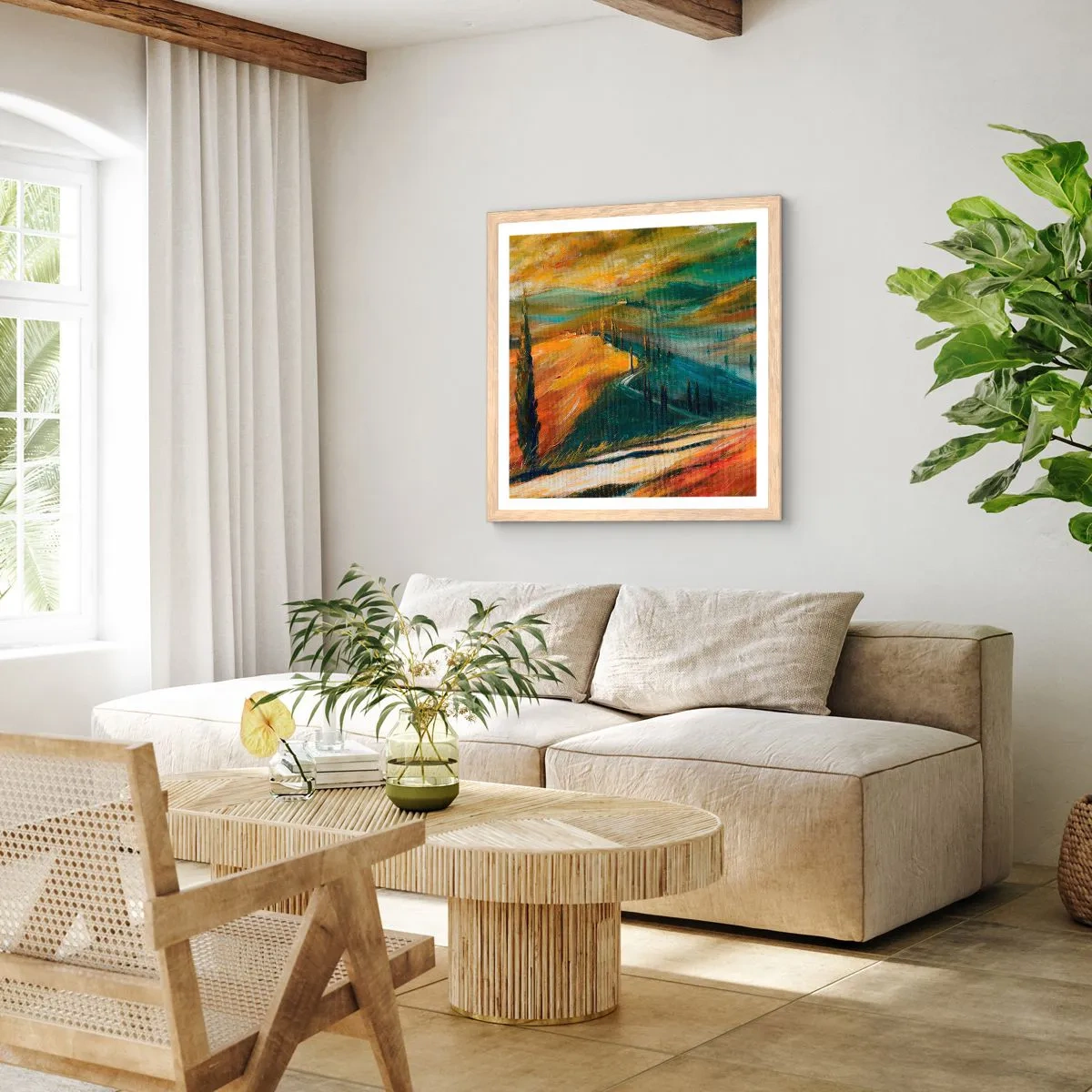 Poszter világos tölgy keretben - Toszkán táj - 40x40 cm