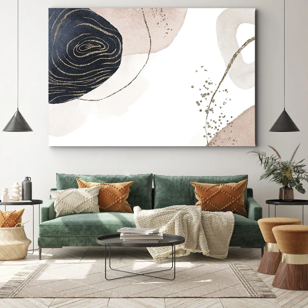 Vászonkép - Absztrakt formák bézs és sötétkék árnyalatokban, arany részletekkel - 70x50cm - Minden folyik - Modern fali dekoráció nappalihoz és hálószobához ARTTOR