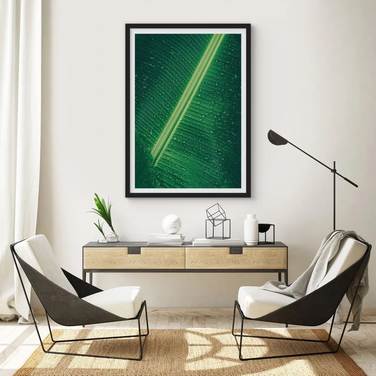 Poszter fehér keretben - Zöld levél közeli képe vízcseppekkel - 50x70cm - A növényzet szerkezete - Modern fali dekoráció nappalihoz és hálószobához ARTTOR