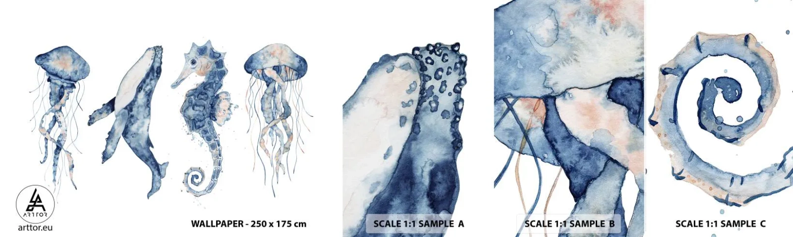 Fotótapéta Minta Öntapadós Deluxe Sticker - Tengeri csodák - Tengeri állatok, csikóhal, Medúza - 100x30 cm