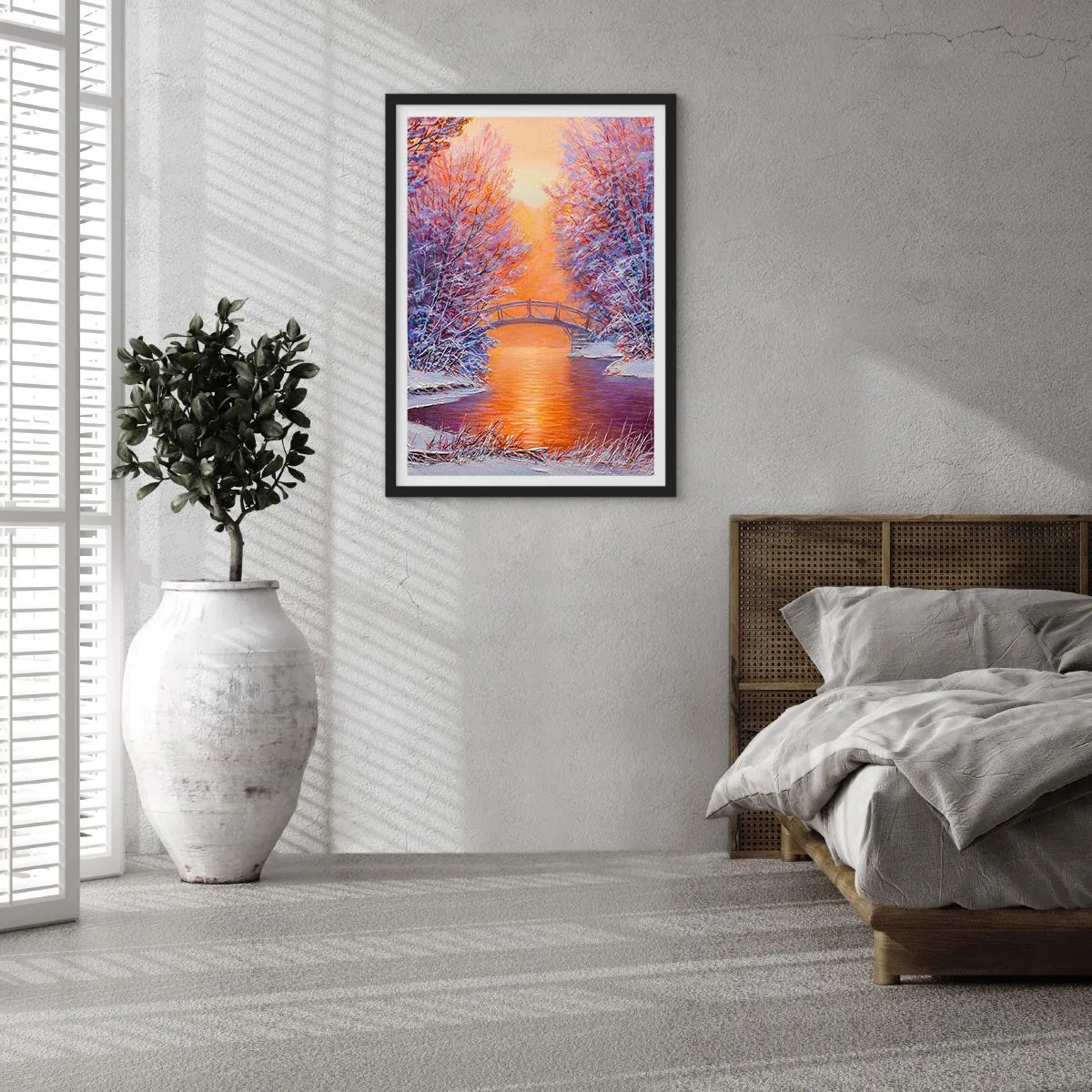 Poszter fehér keretben - Téli táj egy híddal és a lenyugvó nap tükröződésével a folyóban - 50x70cm - Találkozzunk itt - Modern fali dekoráció nappalihoz és hálószobához ARTTOR