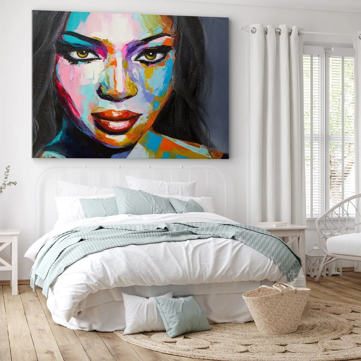 Vászonkép - Egy intenzív tekintetű nő színes portréja - 70x50cm - Lehetetlen levenni a tekintetet - Modern fali dekoráció nappalihoz és hálószobához ARTTOR