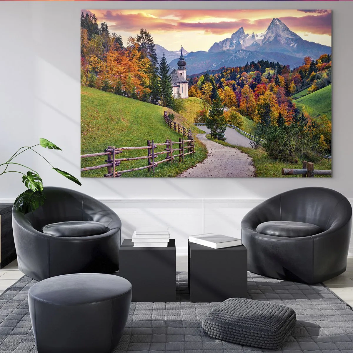 Üveg kép - Őszi hegyi táj egy templommal és egy dombokon átvezető úttal - 70x50cm - Tájképszerű festmény - Modern fali dekoráció nappalihoz és hálószobához ARTTOR